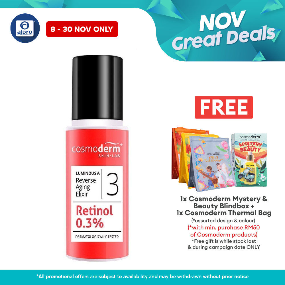 Cosmoderm Luminous A Reverse Aging Elixir 30ml | Improve Sagging & Damaged Skin Alpro Pharmacy