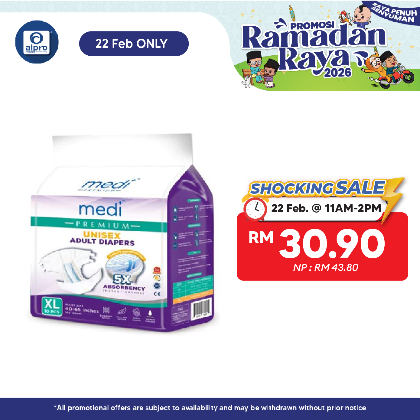 Medi Premium Unisex Adult Diapers (XL) 10s | 5X Absorbency Medi+