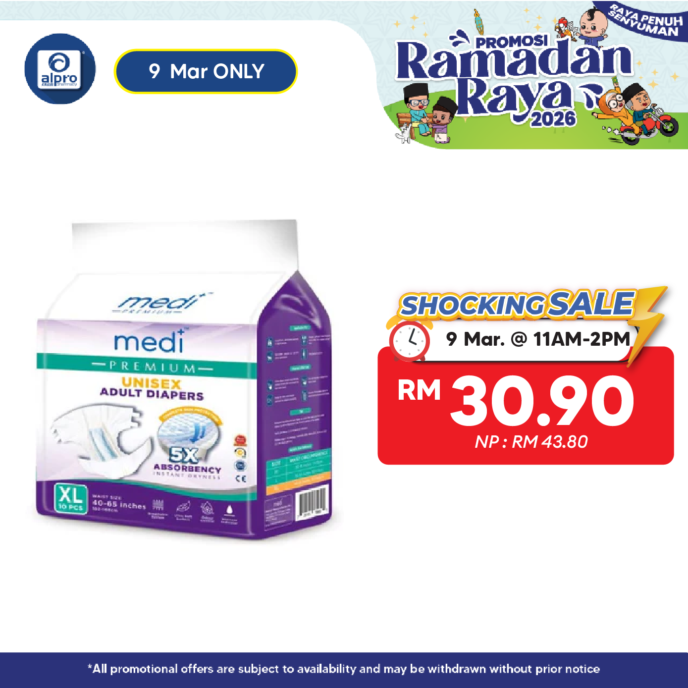 Medi Premium Unisex Adult Diapers (XL) 10s | 5X Absorbency Medi+