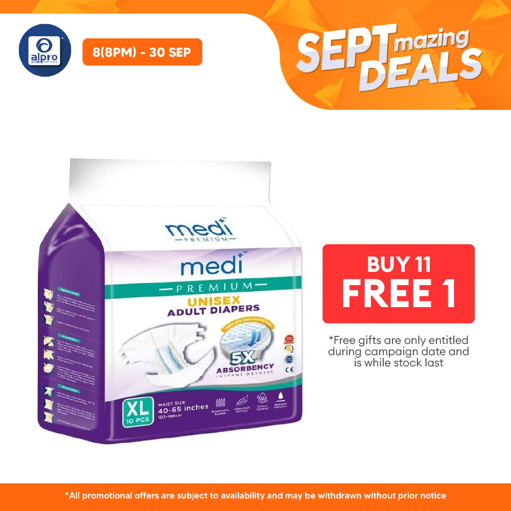 Medi Premium Unisex Adult Diapers (XL) 10s | 5X Absorbency Medi+