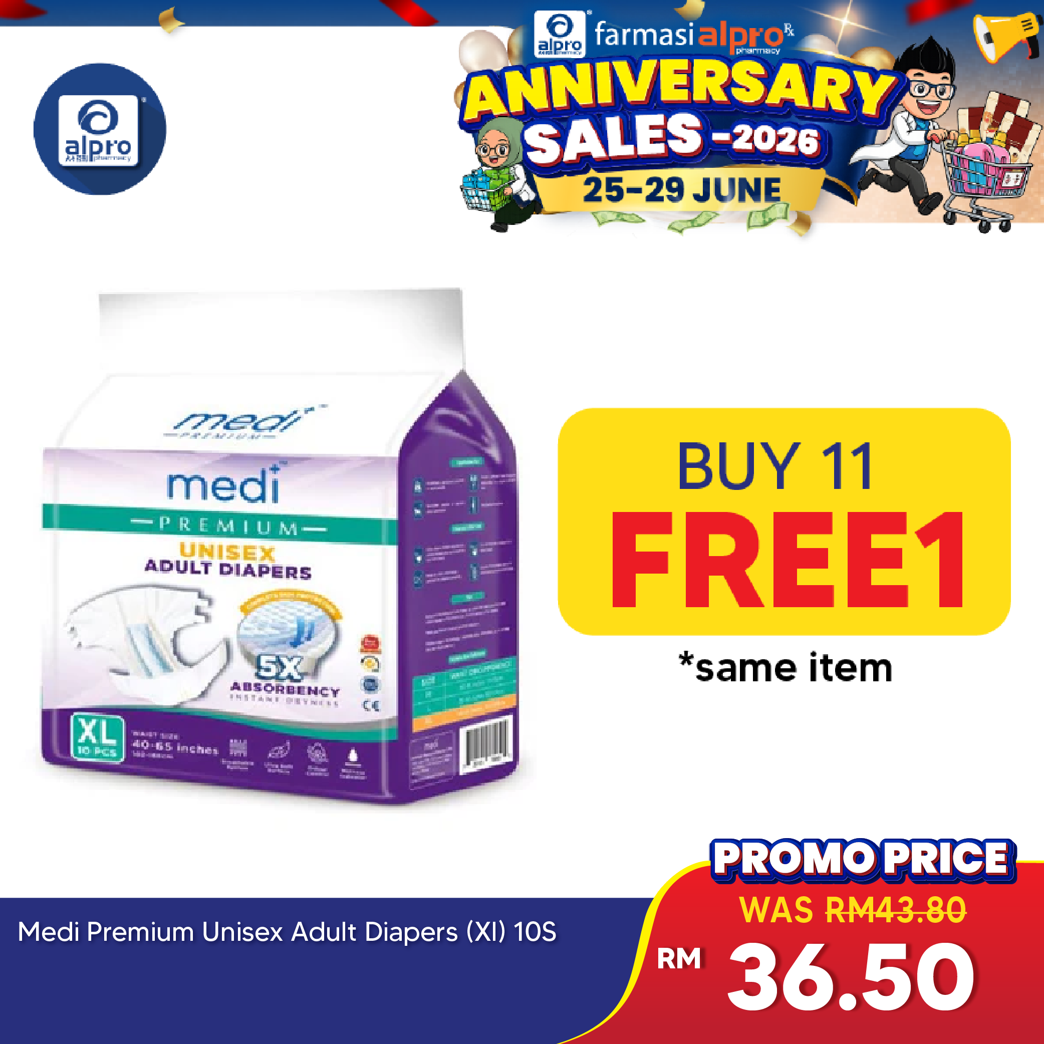 Medi Premium Unisex Adult Diapers (XL) 10s | 5X Absorbency Medi+