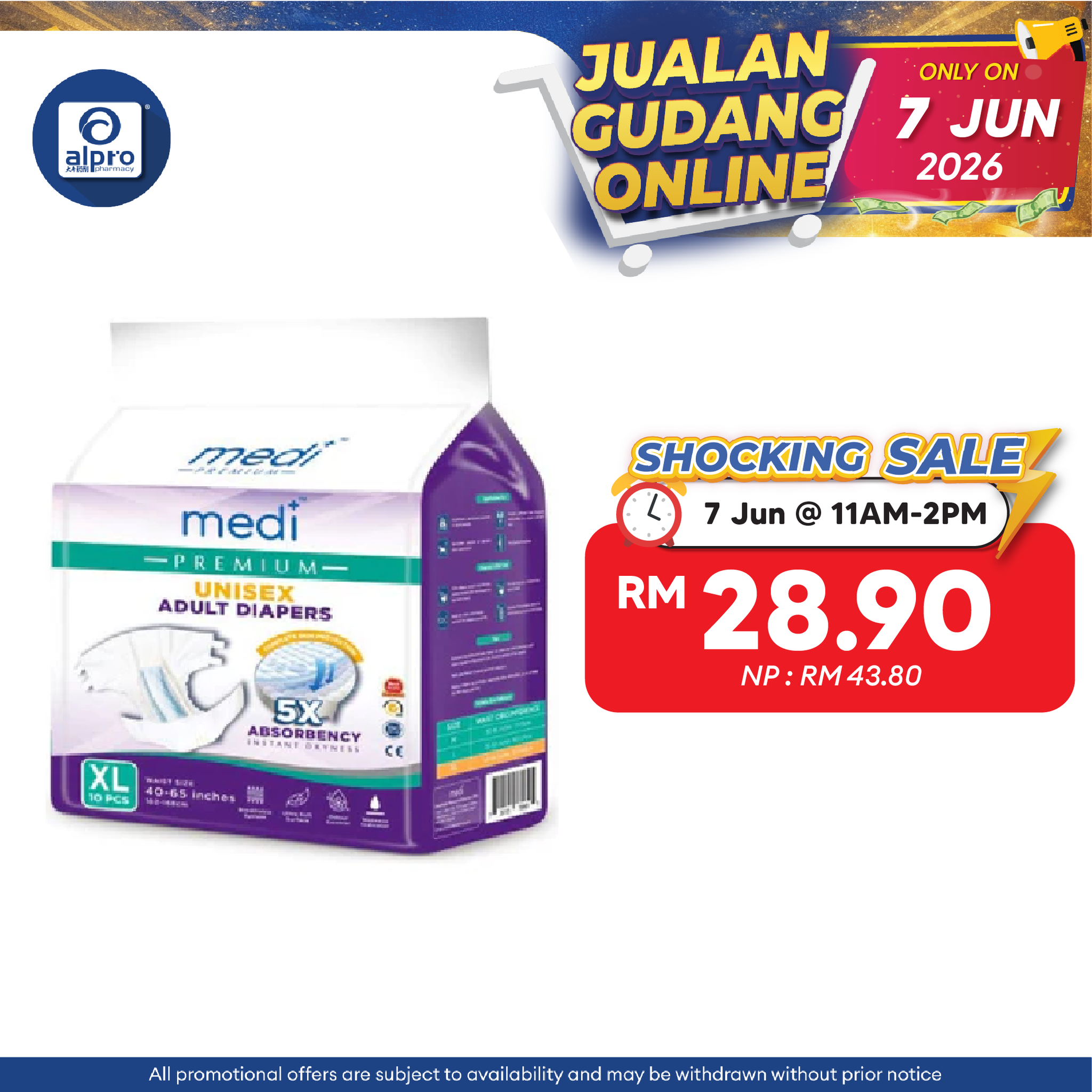 Medi Premium Unisex Adult Diapers (XL) 10s | 5X Absorbency Medi+