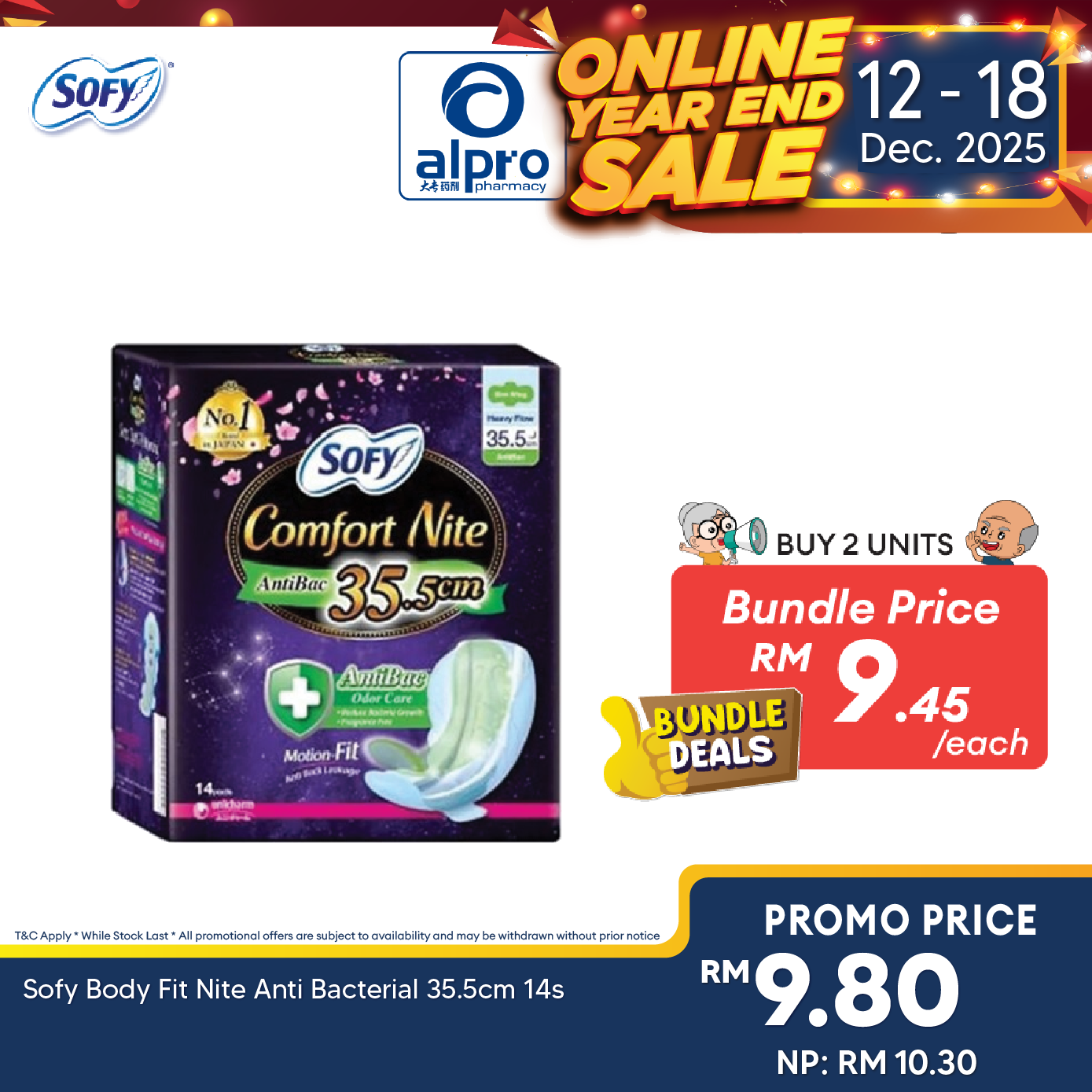 Sofy Body Fit Nite Anti Bacterial 35.5cm 14s Sofy