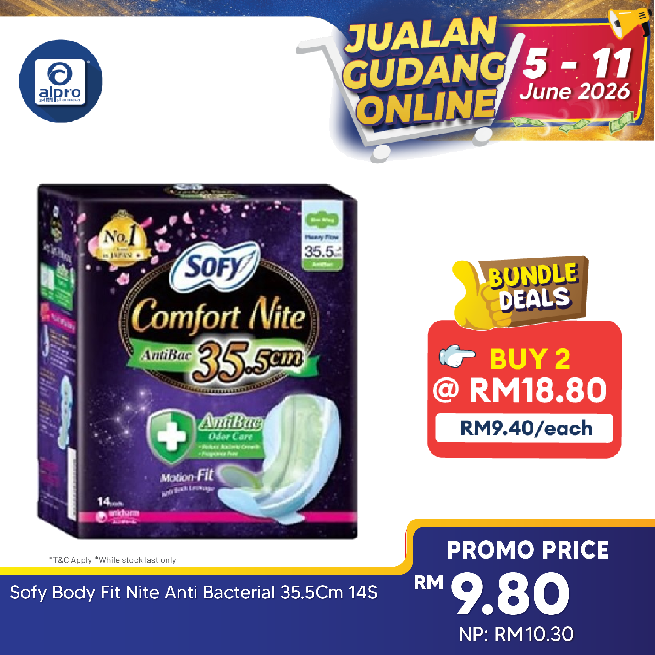 Sofy Body Fit Nite Anti Bacterial 35.5cm 14s Sofy