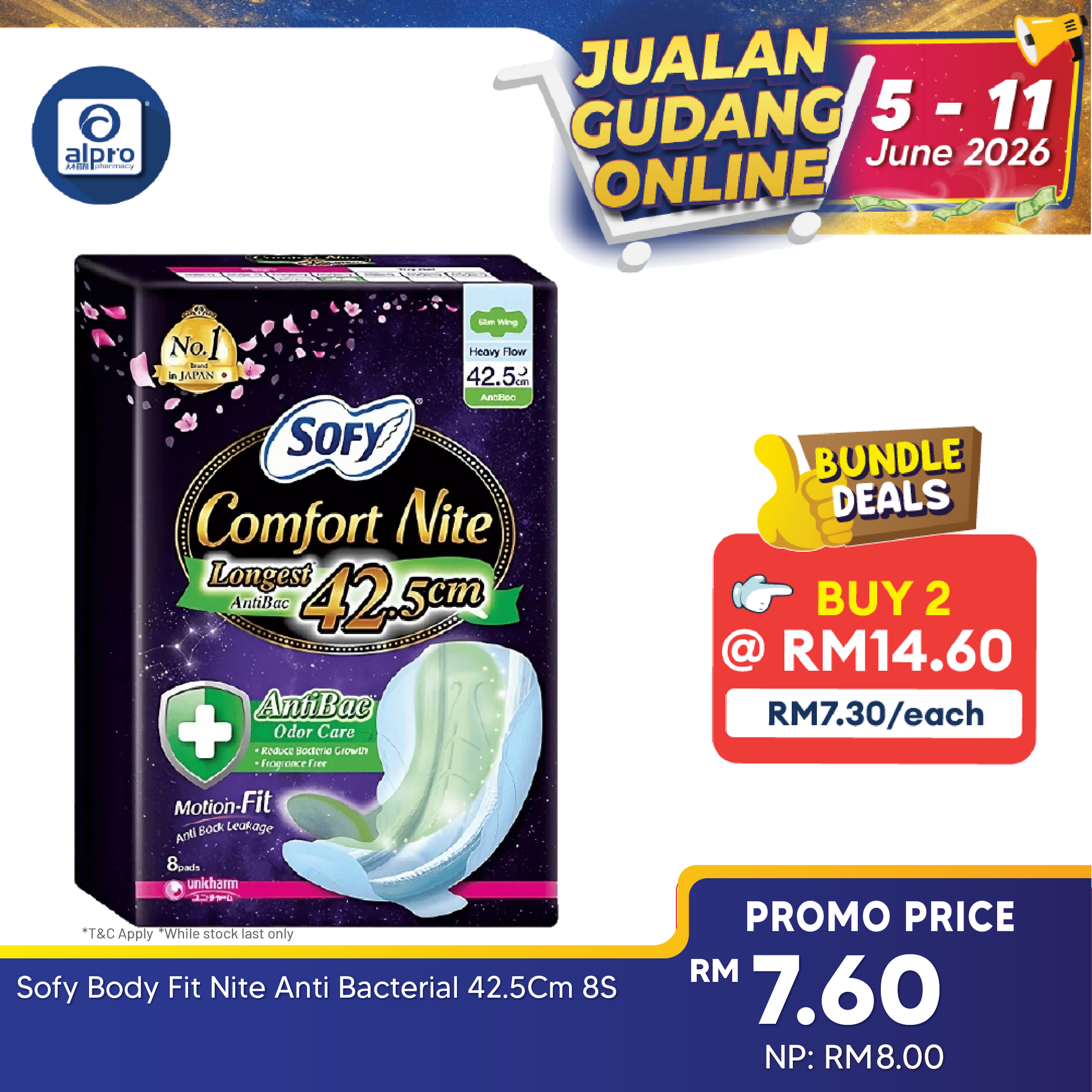 Sofy Body Fit Nite Anti Bacterial 42.5cm 8s Sofy