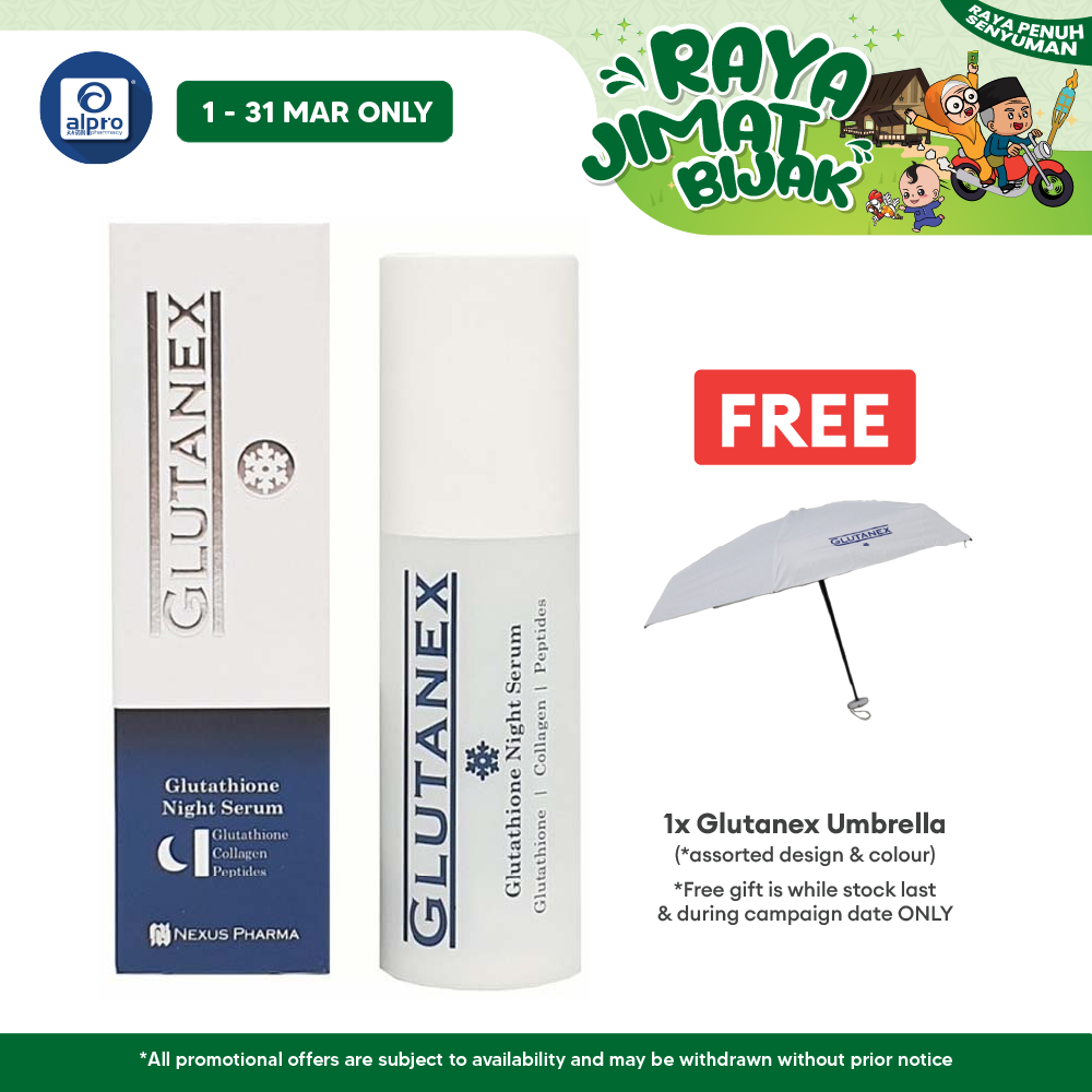 Glutanex Night Serum 30mL | Reduces Aging of The Skin / Brighten Skin Tone / Powerful Anti-wrinkle Effects Alpro Pharmacy