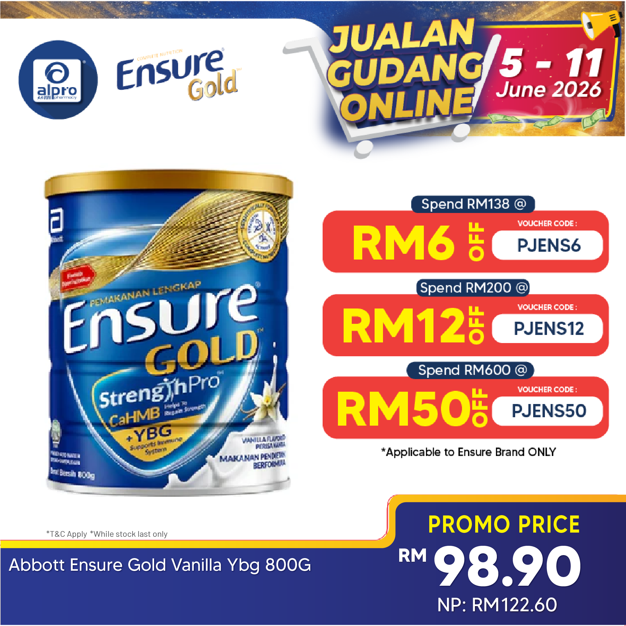 Abbott Ensure Gold Vanilla YBG (Yeast Beta Glucan) 800g | Complete And Balanced Nutrition Ensure