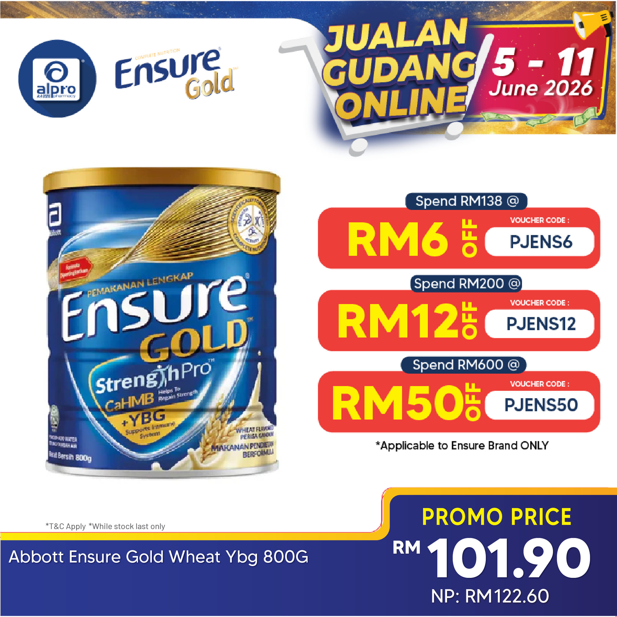 Abbott Ensure Gold Wheat YBG (Yeast Beta Glucan) 800g | Improved Formula Ensure