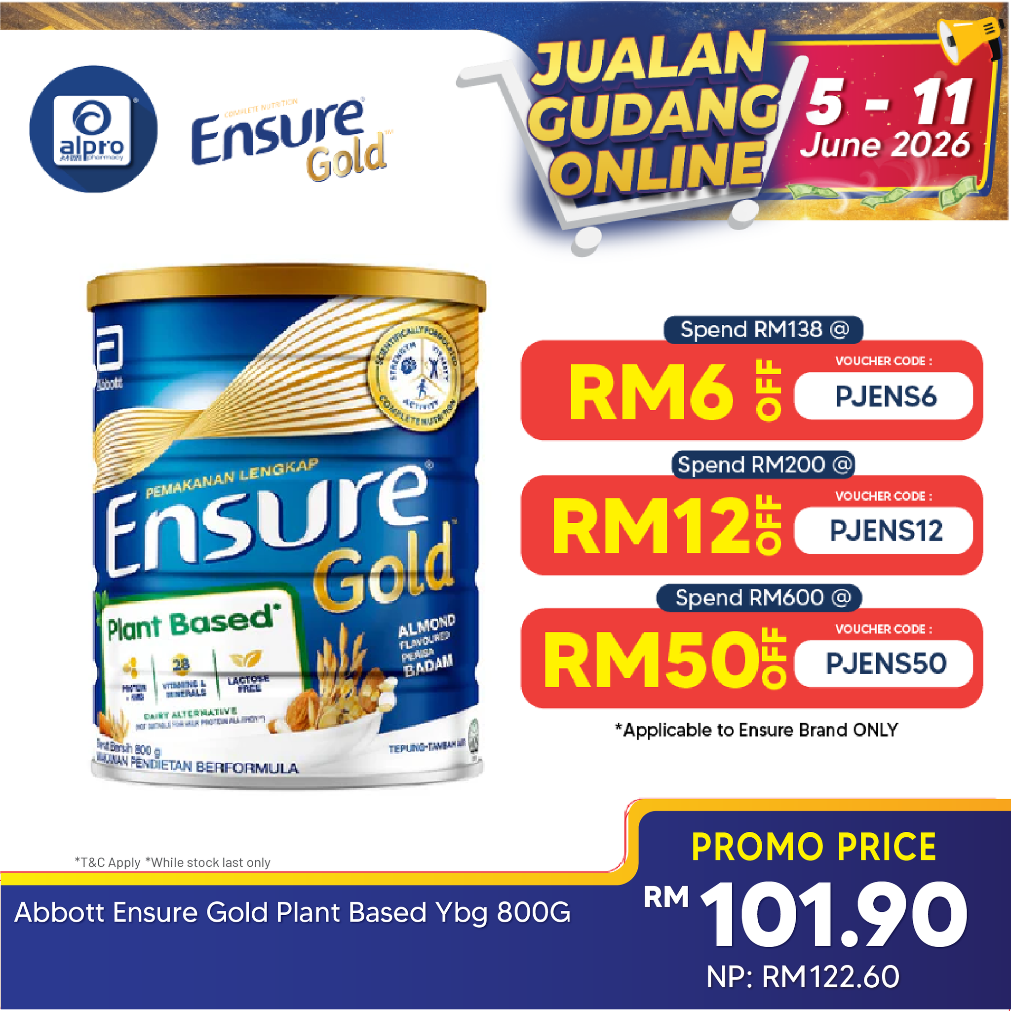 Abbott Ensure Gold Almond (Plant Based) 800g | Complete And Balanced Nutrition Ensure