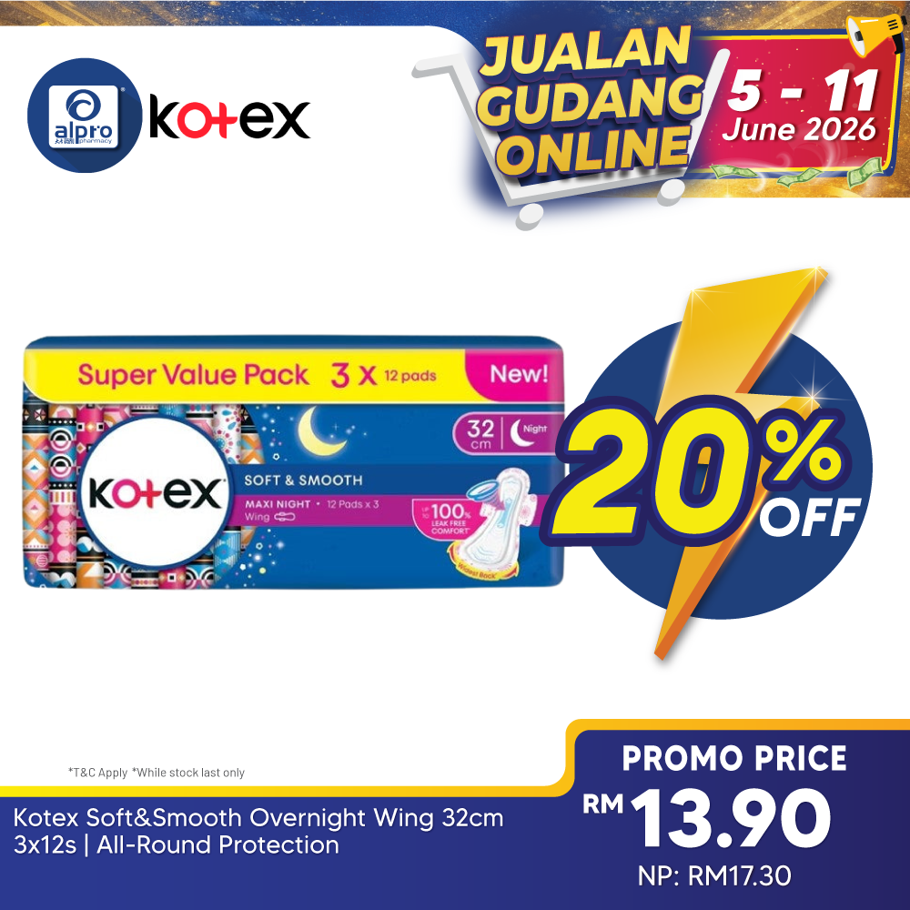 Kotex Soft&Smooth Overnight Wing 32cm 3x12s | All-Round Protection Kotex