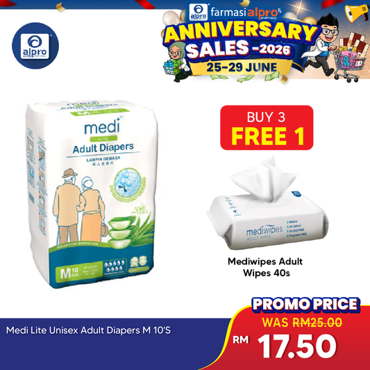 Medi Lite Unisex Adult Diapers 10's ( M /L /XL) | Double-Layer Absorben Medi+