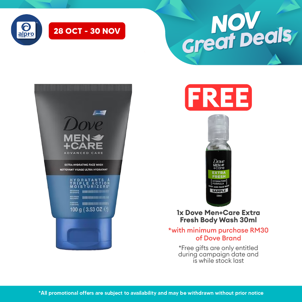 Dove Men+care Extra Hydrating Face Wash 100g I Cleans Pore, Removing Dirt Alpro Pharmacy