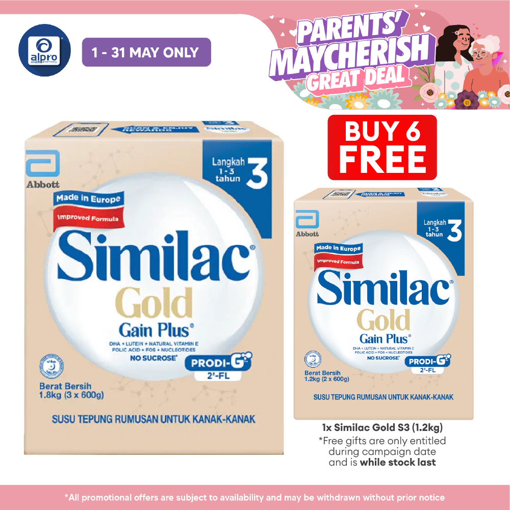 Abbott Similac Gold Gain Plus S3 (GL+2FL) 1.8kg Bib | New Improved Formula (Exp Date: 30/04/2026) Similac