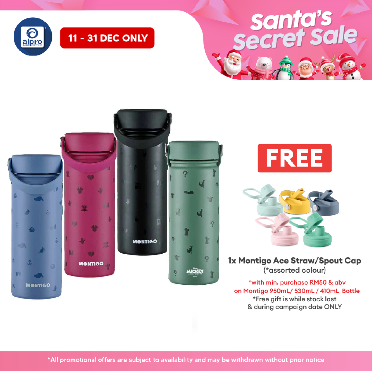 Montigo Iconic Disney Ace Bottle Mini (mickey Mouse / Minnie Mouse / Donald Duck / Goofy) 18oz / 530ml | Vacuum Flask Alpro Pharmacy