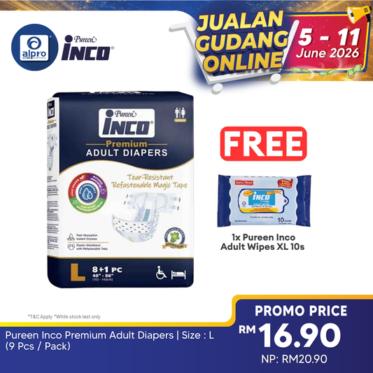 Pureen Inco Premium Adult Diapers | Size : L (9 Pcs / Pack) Pureen