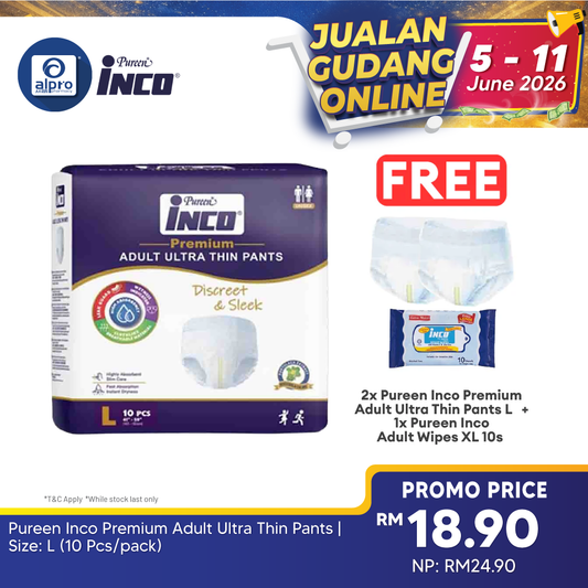 Pureen Inco Premium Adult Ultra Thin Pants | Size: L (10 Pcs/pack) Pureen