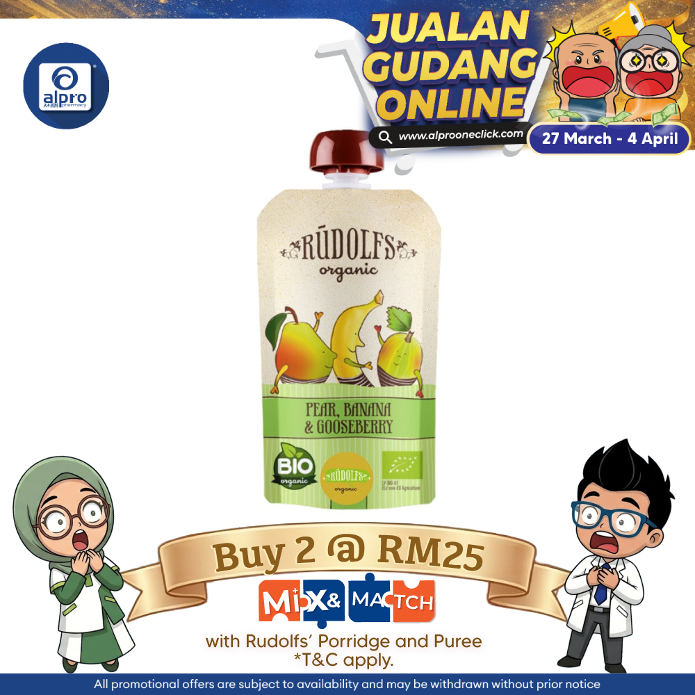 Rudolfs Organic Pear, Banana And Goosberry Puree 6m+ 110g | Rich in Protein Rudolfs