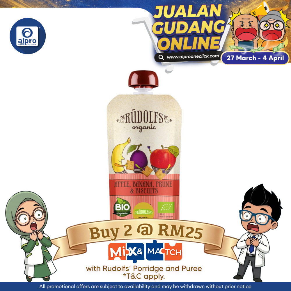 Rudolfs Organic Apple, Banana And Prune Puree With Biscuits 6m+ 110g | Rich in Protein Rudolfs