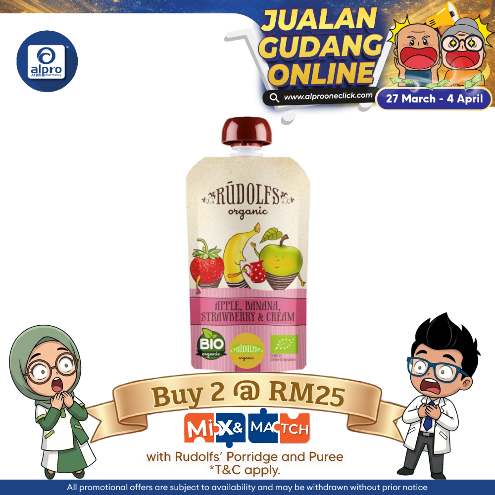 Rudolfs Organic Apple, Banana And Strawberry Puree With Cream  6m+ 110g | Rich in Protein Rudolfs