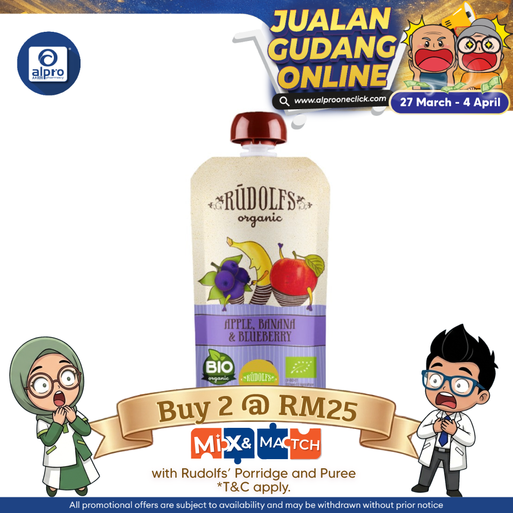 Rudolfs Organic Apple, Banana And Blueberry Puree 6m+ 110g | Rich in Protein Rudolfs