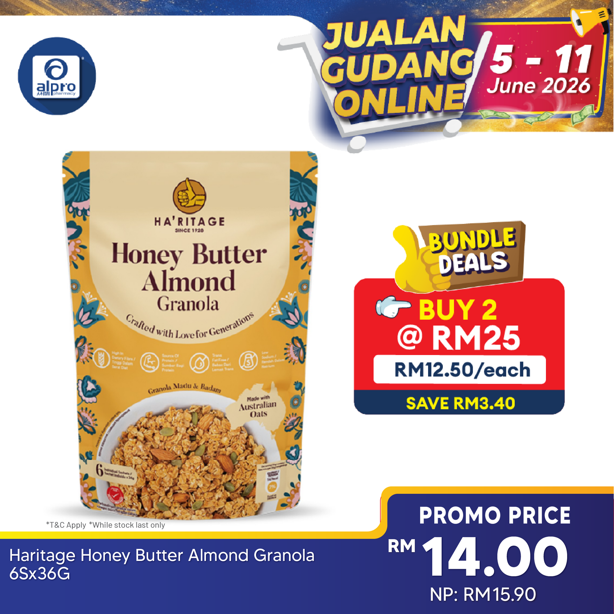Haritage Honey Butter Almond Granola 216g (36g ×6s) | High Protein and High Fibre Ha'ritage