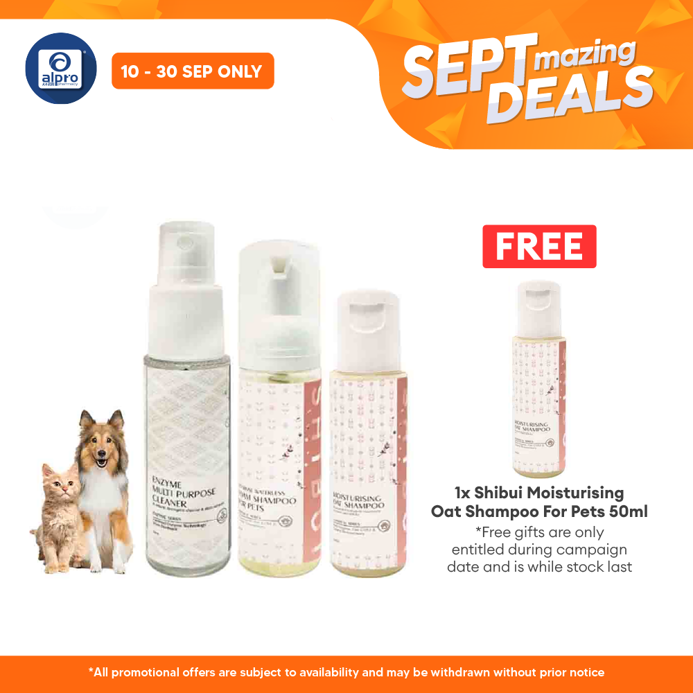 Shibui Pet Starter Kit (moisturising Oat Shampoo, No Rinse Waterless Foam Shampoo, Enzyme Multi-purpose Cleaner) 50ml X3 Alpro Pharmacy