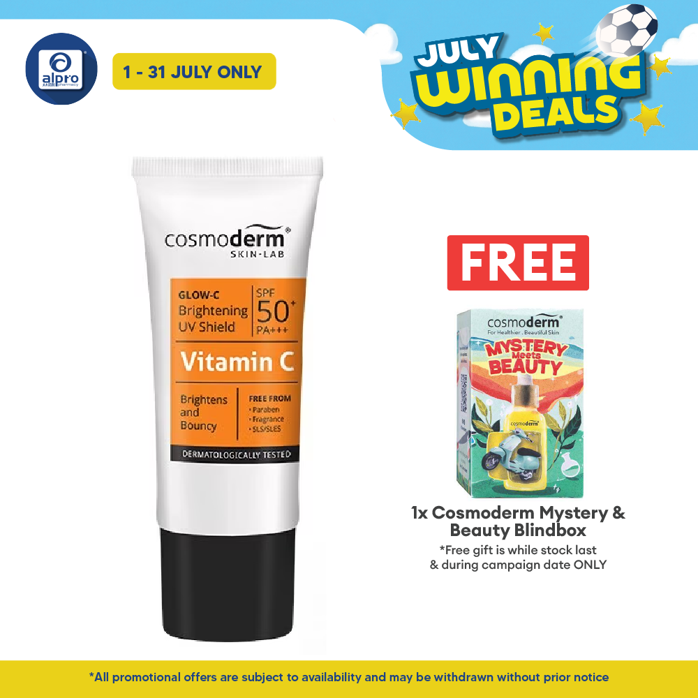 Cosmoderm Glow-C Brightening UV Shield SPF50+ PA+++ 30ml | Sunblock For Face & Body Cosmoderm