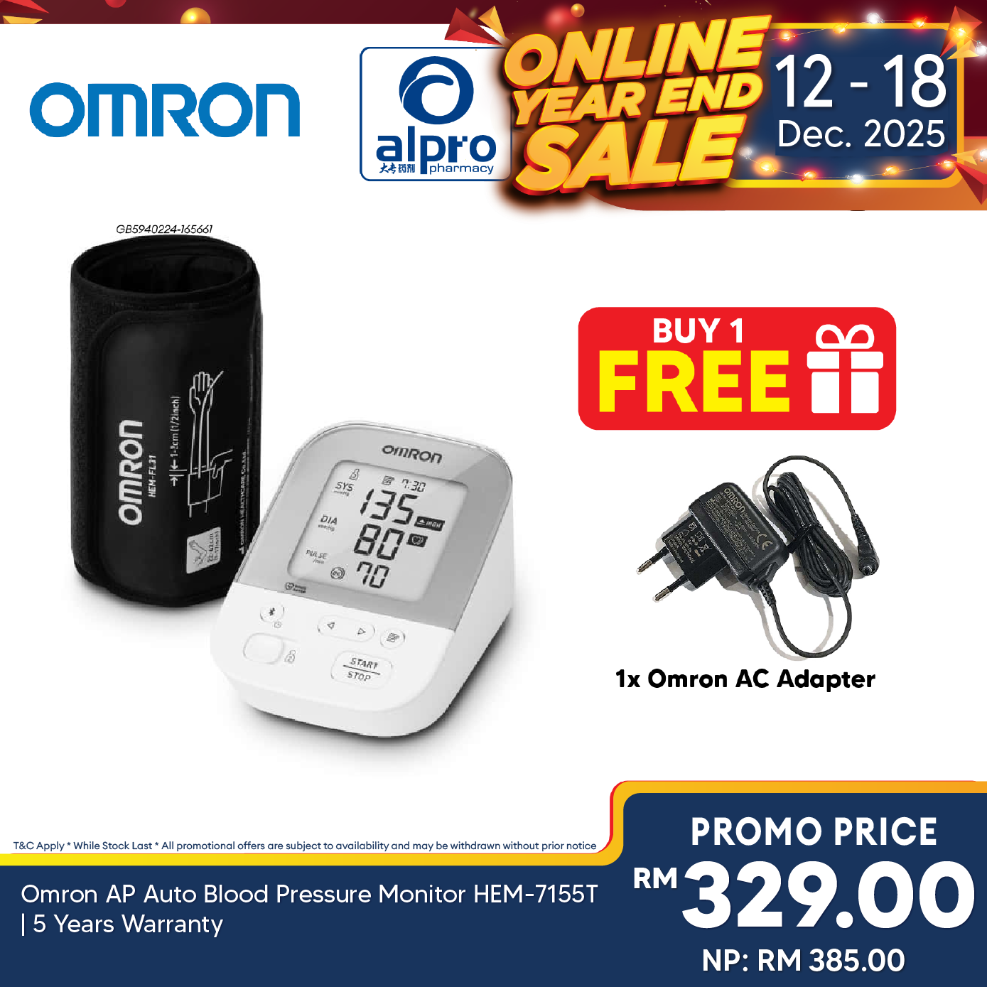 Omron AP Auto Blood Pressure Monitor HEM-7155T | 5 Years Warranty Omron