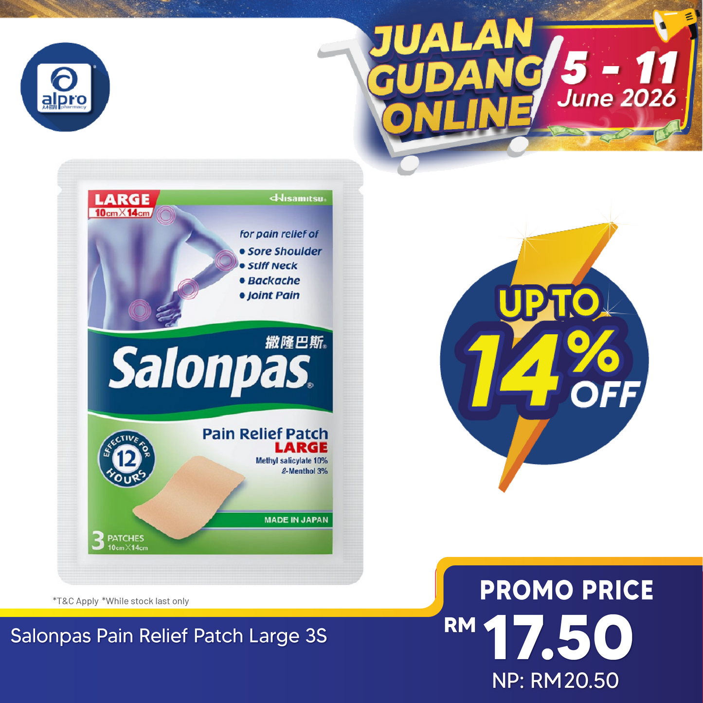 Salonpas Pain Relief Patch Large (10cm × 14cm) 3s | Strong and Long-Lasting Effect Salonpas