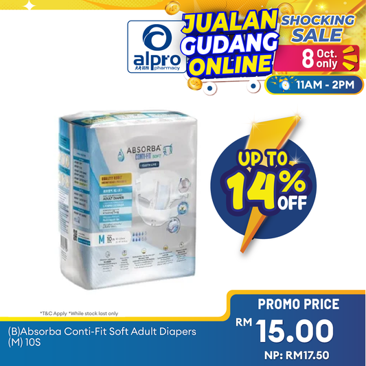 Absorba Conti-Fit Soft Adult Diapers 10s (M) | Soft and Breathable Absorba