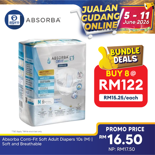 Absorba Conti-Fit Soft Adult Diapers 10s (M) | Soft and Breathable Absorba