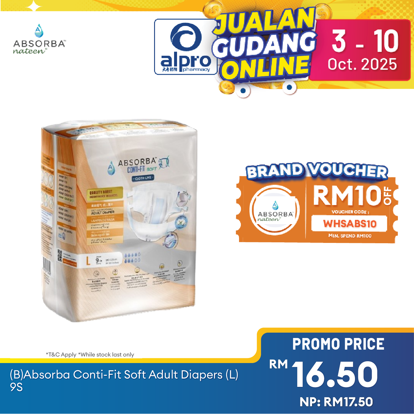Absorba Conti-Fit Soft Adult Diapers 9s (L) | Soft and Breathable Absorba
