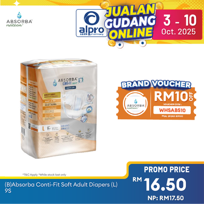 Absorba Conti-Fit Soft Adult Diapers 9s (L) | Soft and Breathable Absorba