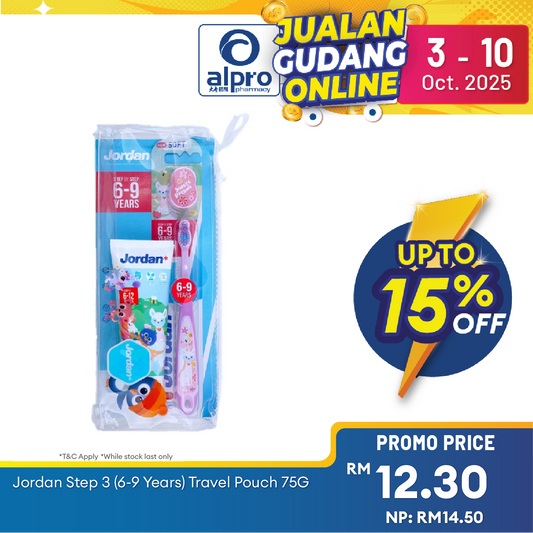 Jordan Step 3 (6-9 Years) Travel Pouch 75g | 1 Toothbrush + 1 Toothpaste Alpro Pharmacy