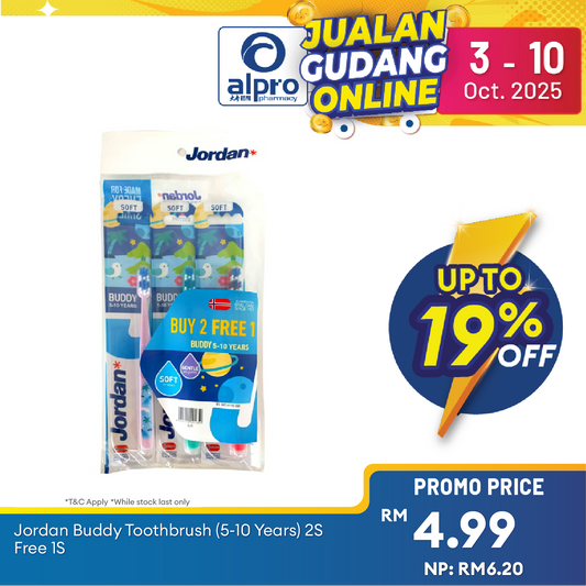 Jordan Buddy Toothbrush (5-10 Years) 2s Free 1s | Buy 2 Free 1 Alpro Pharmacy