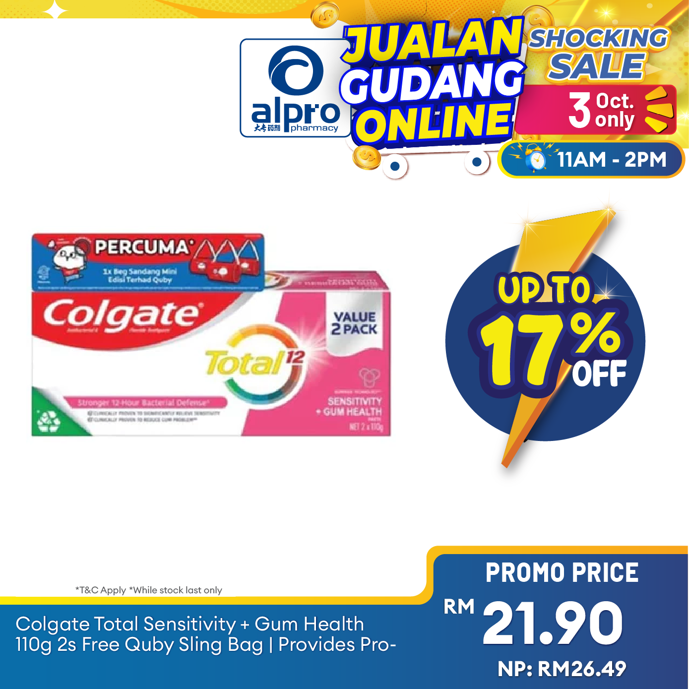 Colgate Total Sensitivity + Gum Health 110g 2s Free Quby Sling Bag | Provides Protection Against Bacteria Alpro Pharmacy