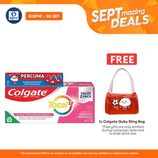 Colgate Total Sensitivity + Gum Health 110g 2s Free Quby Sling Bag | Provides Protection Against Bacteria Alpro Pharmacy