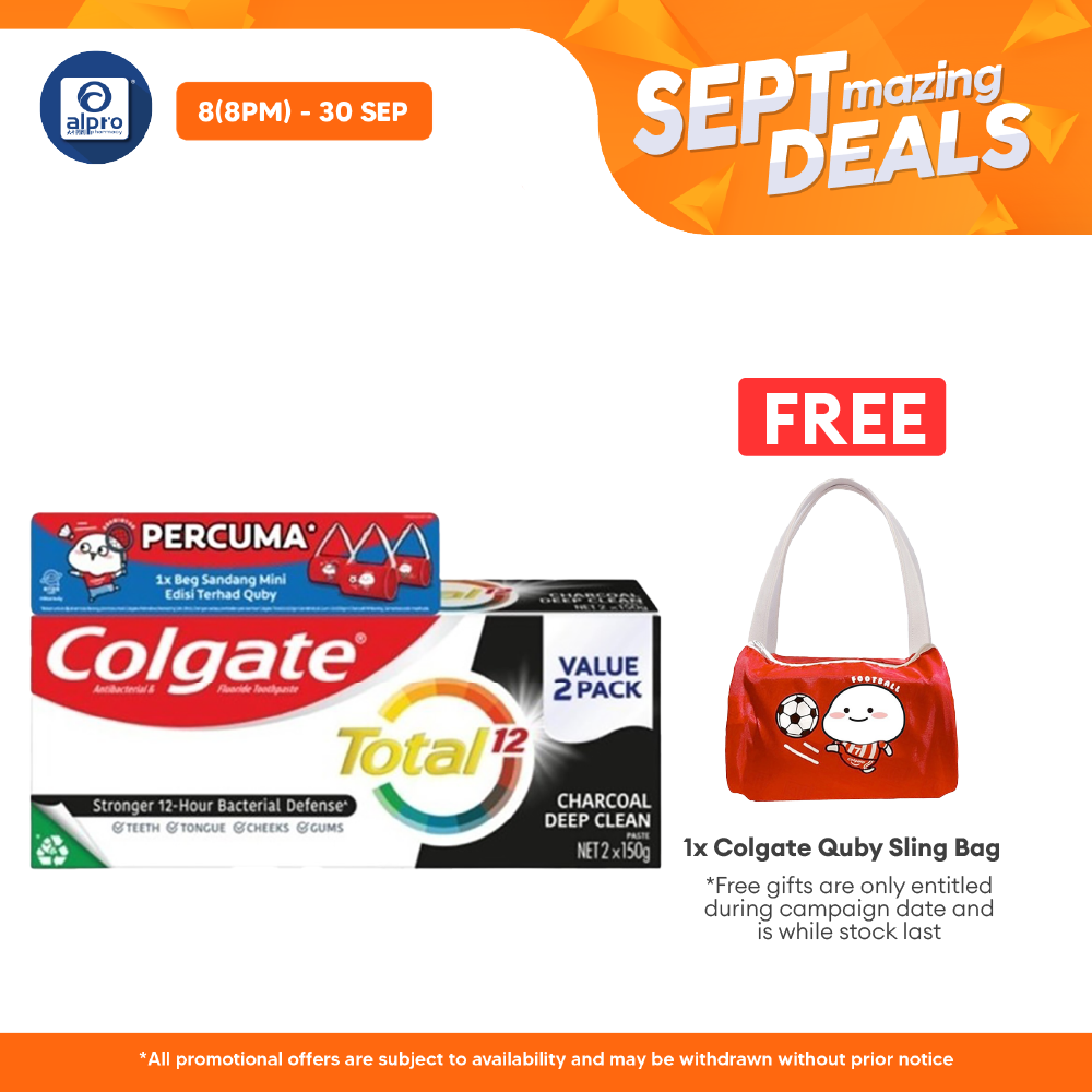 Colgate Total Charcoal Deep Clean 150g 2s Free Quby Sling Bag | Provides Protection Against Bacteria Alpro Pharmacy