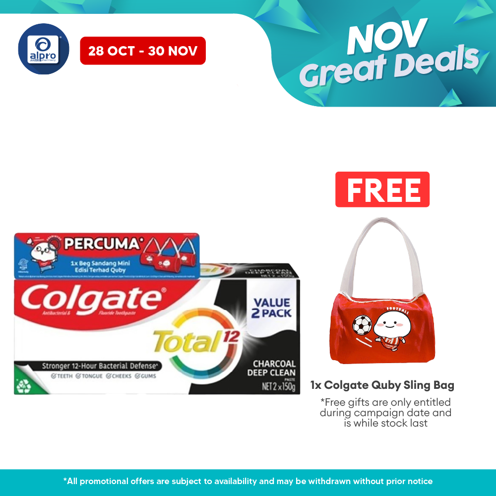 Colgate Total Charcoal Deep Clean 150g 2s Free Quby Sling Bag | Provides Protection Against Bacteria Alpro Pharmacy