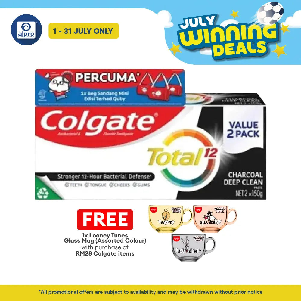 Colgate Total Charcoal Deep Clean 150g 2s Free Quby Sling Bag | Provides Protection Against Bacteria Colgate