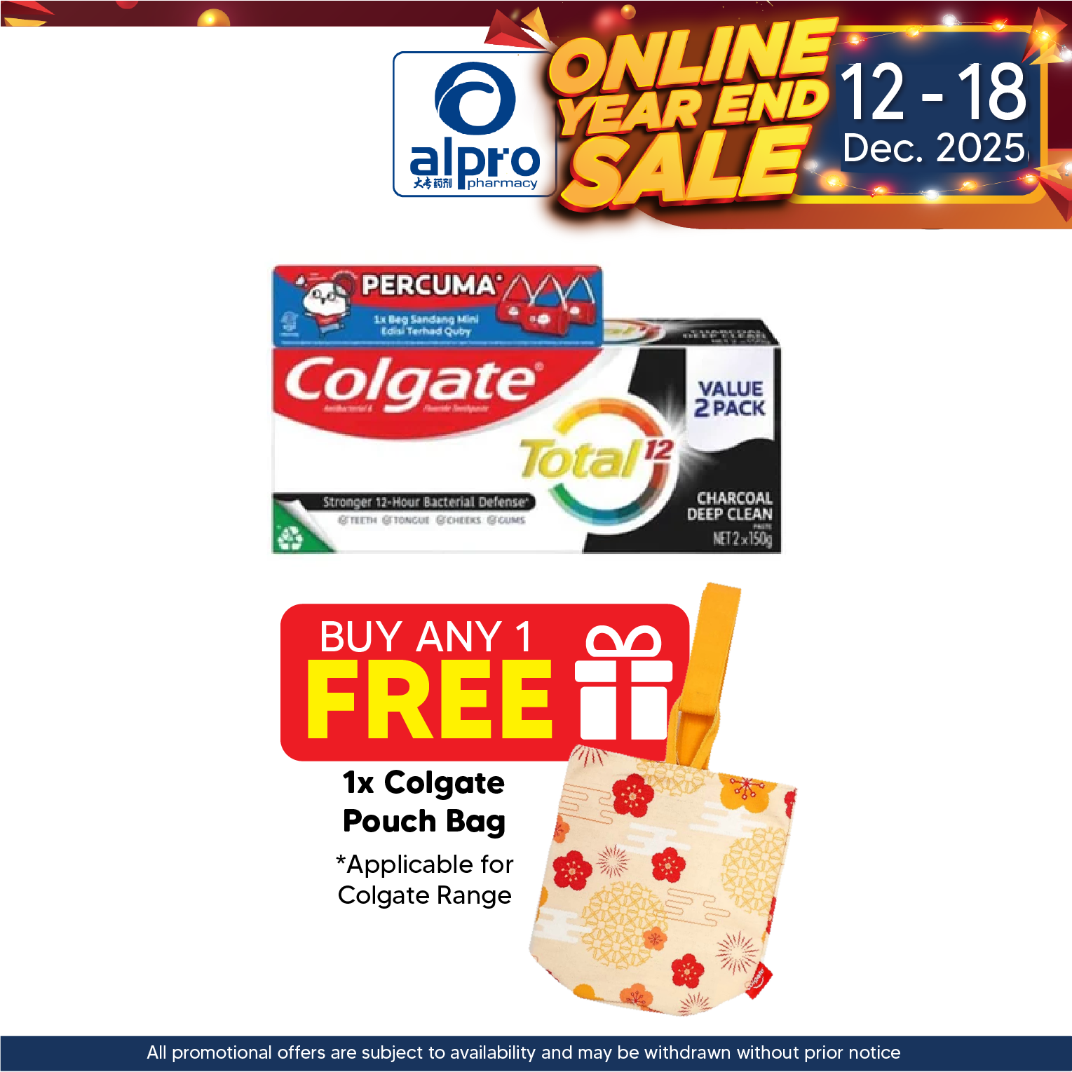 Colgate Total Charcoal Deep Clean 150g 2s Free Quby Sling Bag | Provides Protection Against Bacteria Alpro Pharmacy