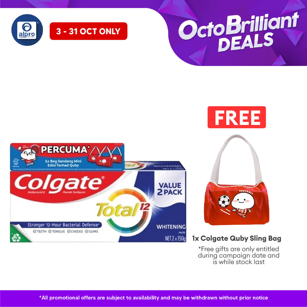 Colgate Total Whitening 150g 2s Free Quby Sling Bag | Provides Protection Against Bacteria Colgate