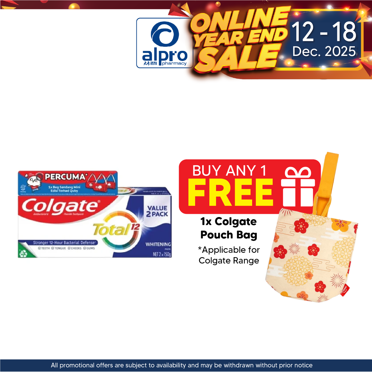 Colgate Total Whitening 150g 2s Free Quby Sling Bag | Provides Protection Against Bacteria Colgate