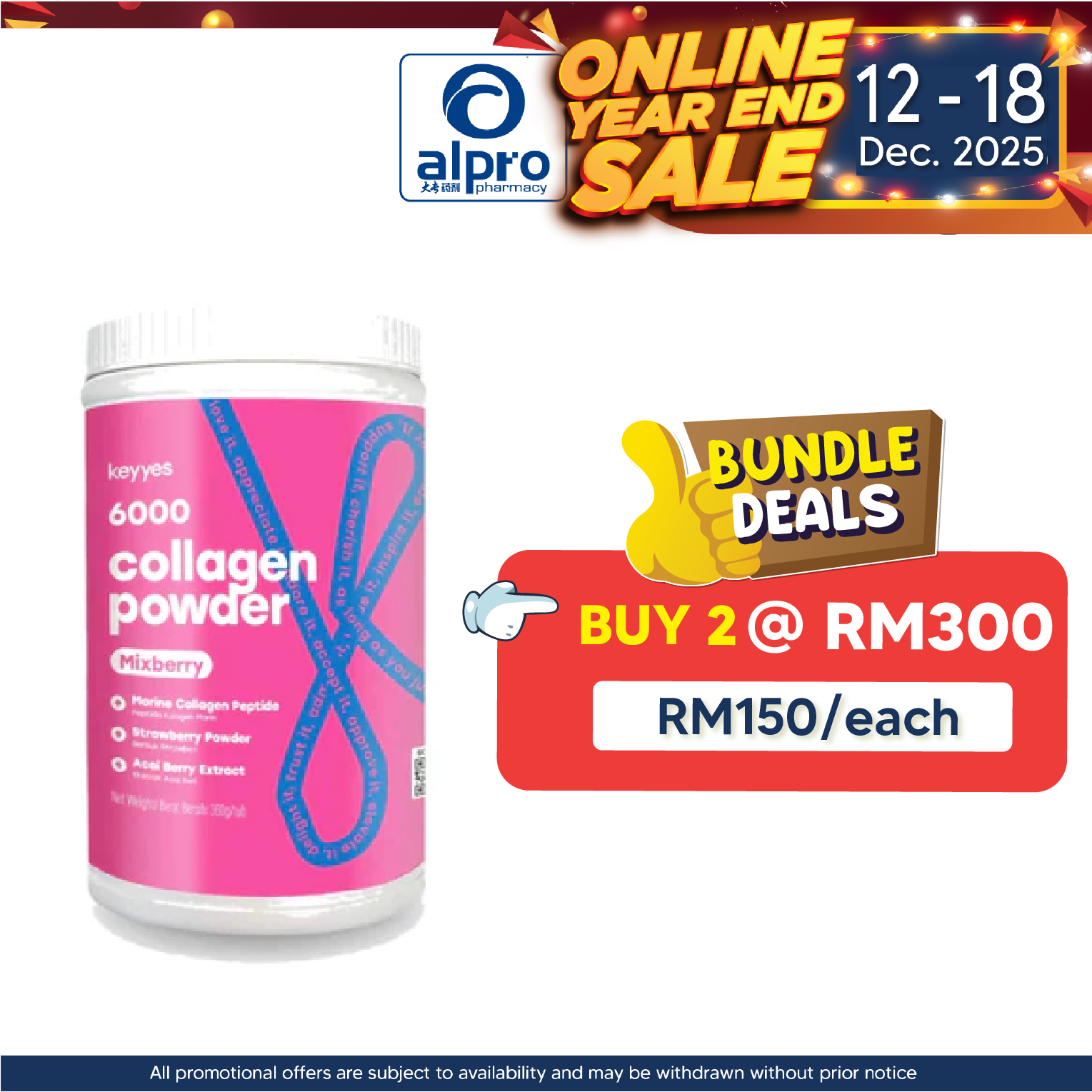 Keyyes 6000mg Collagen Mixberry with L-Cystine (360g) | Strawberry and Acai Berry