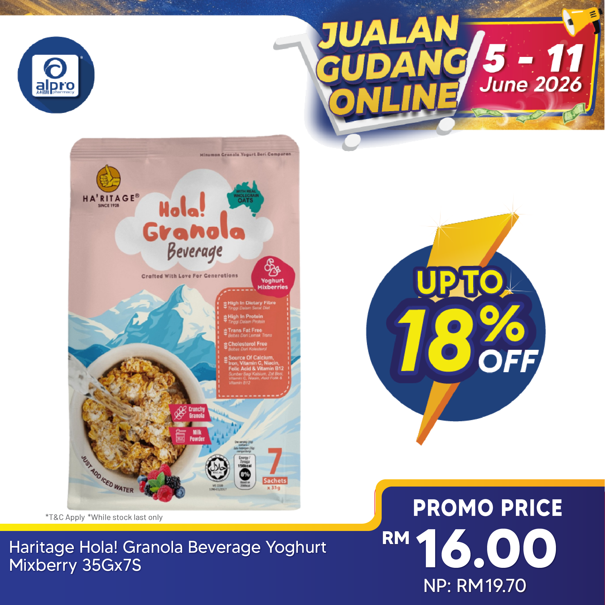 Haritage Hola! Granola Beverage Yoghurt Mixberry 245g (35g ×7s) | Simplify Your Breakfast and Amplify Healthy Snacks Ha'ritage