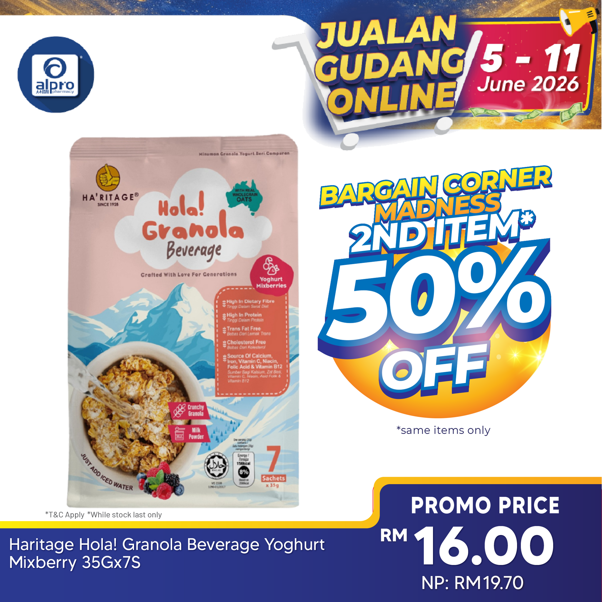 Haritage Hola! Granola Beverage Yoghurt Mixberry 245g (35g ×7s) | Simplify Your Breakfast and Amplify Healthy Snacks Ha'ritage