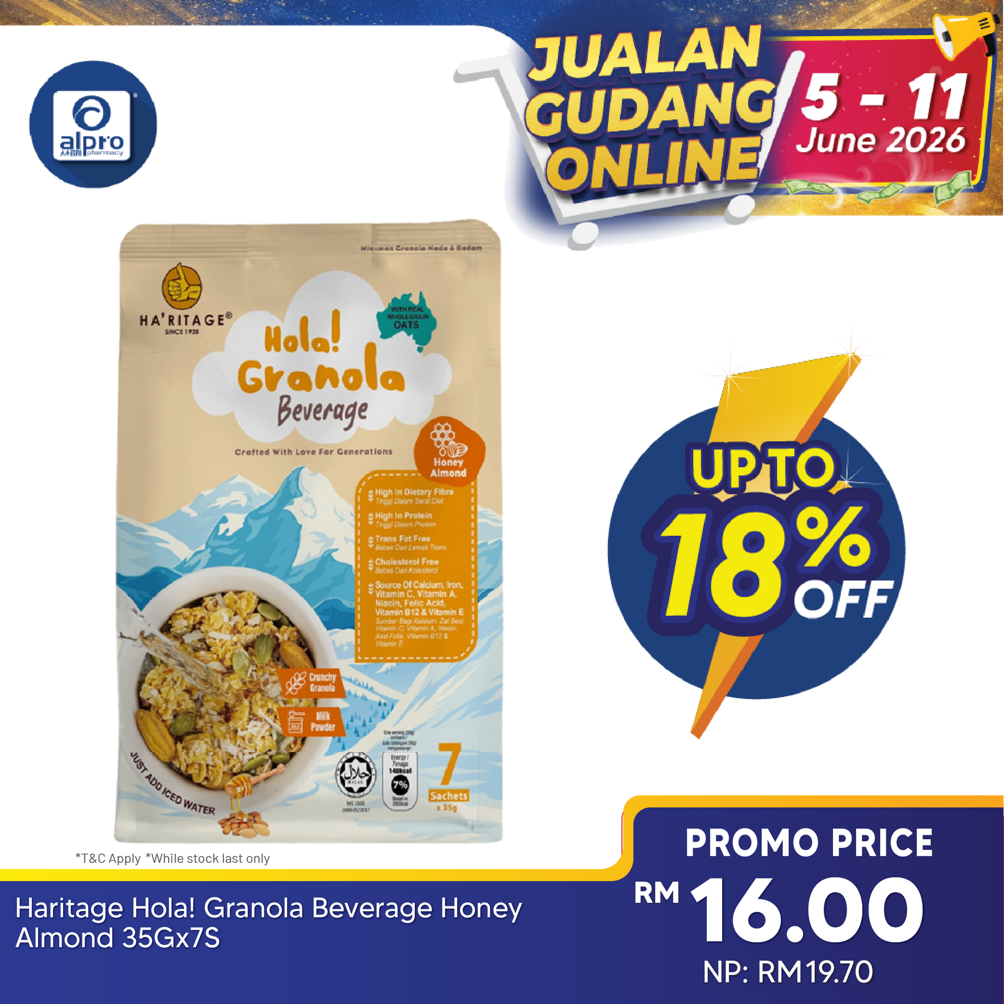 Haritage Hola! Granola Honey 245g (35g ×7s) | Enriched with Essential Vitamin Boost of Nutrition Ha'ritage