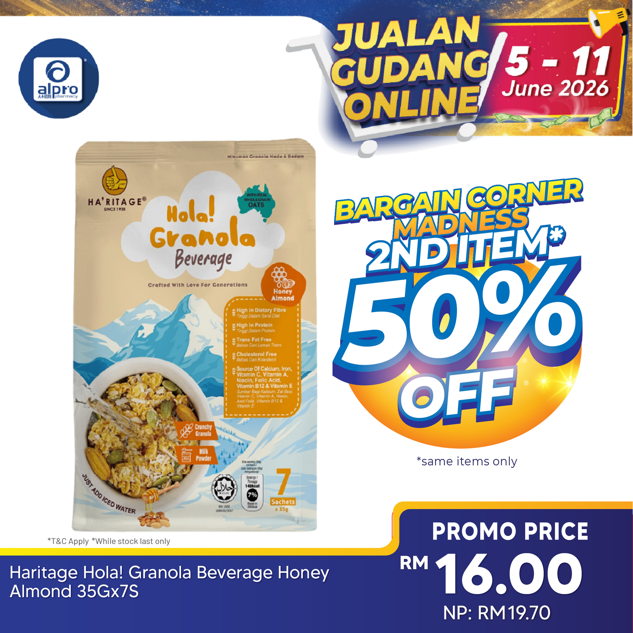 Haritage Hola! Granola Honey 245g (35g ×7s) | Enriched with Essential Vitamin Boost of Nutrition Ha'ritage