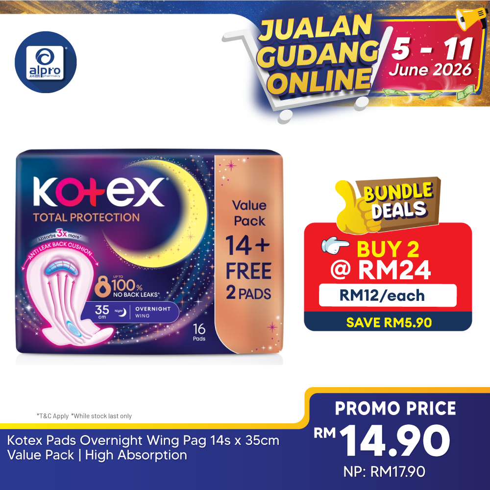 Kotex Pads Overnight Wing Pag 14s x 35cm Value Pack | High Absorption Kotex