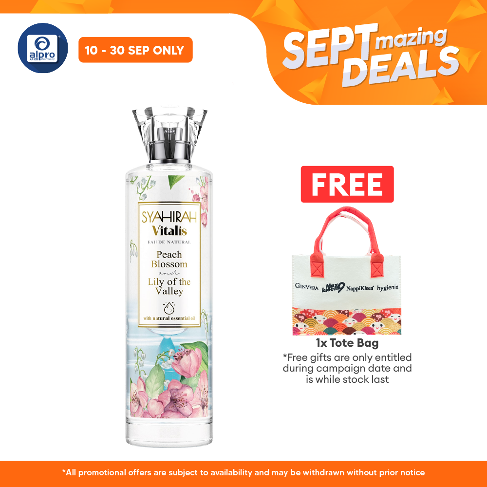 Syahirah Vitalis Eau De Natural Peach Blossom & Lily Natural Perfume 100mL | Improve Mood and Stress Alpro Pharmacy